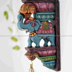 WOOD CARVING ELEPHANT TRUNK UP BLUE WALL BRACKET - HOME DECOR