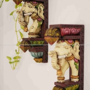 Handicrafted trunkup bell elephant wooden wall bracket