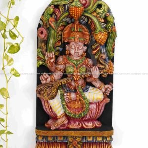Handicrafted wooden saraswathi with jalli work sculpture - home decor