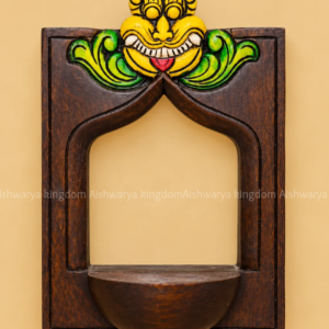 Wooden Yali vilakku maadam wall mounted diya shelf with Yazhi face