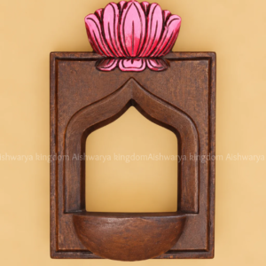 Wooden lotus vilakku maadam wall mounted diya shelf with pink lotus design