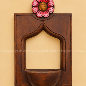 Wooden flower vilakku maadam wall mounted diya shelf with pink flower design