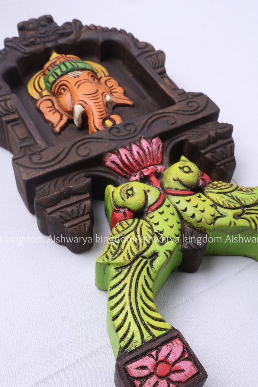 Wooden Handcrafted Kavadi Panel with Double Parrot – Home Decor