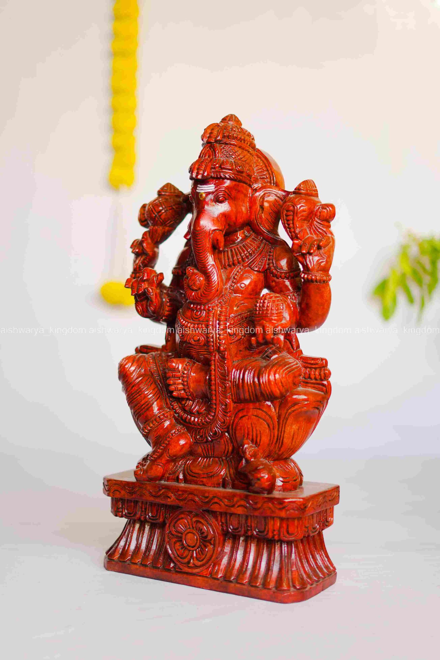 Wooden Handicraft Lotus Ganesha (Maroon) Sculpture - Pooja Room Decor - Image 3
