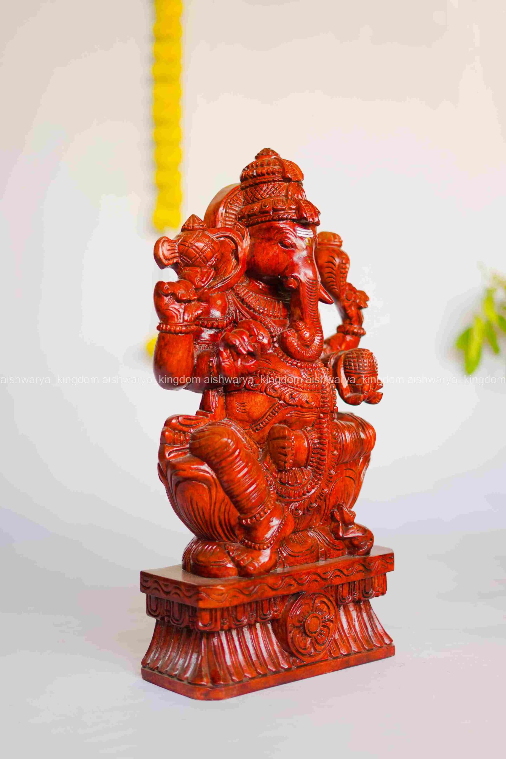 Wooden Handicraft Lotus Ganesha (Maroon) Sculpture - Pooja Room Decor - Image 4