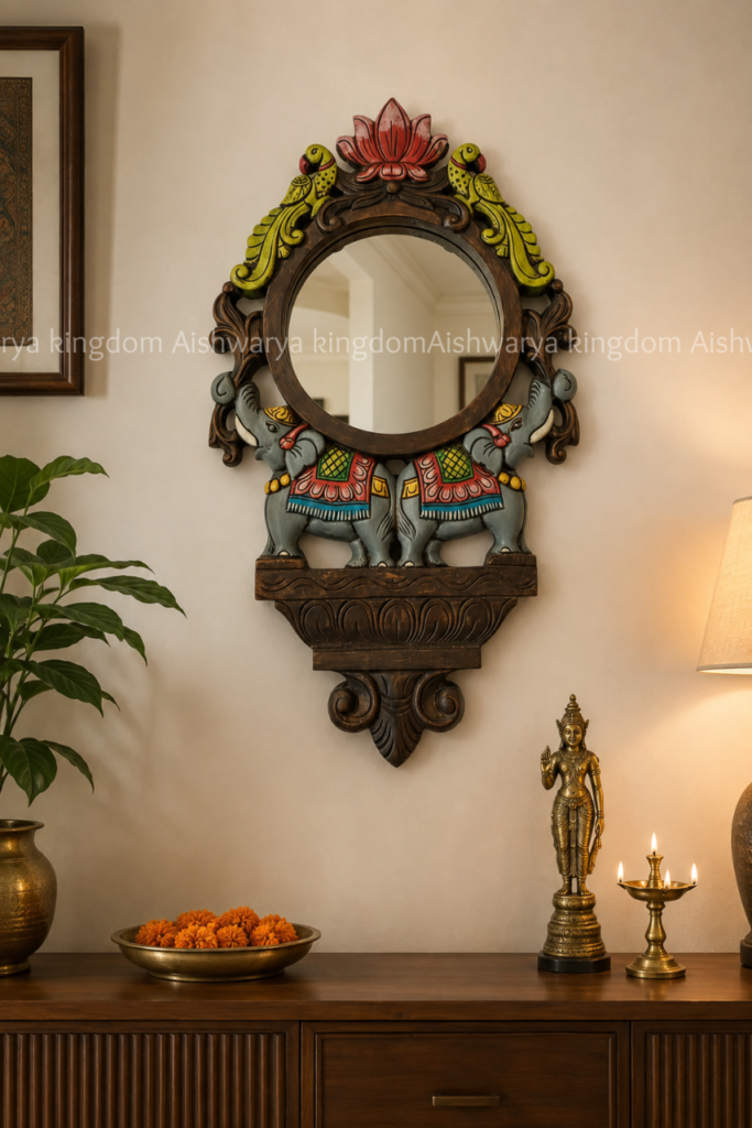 HAND CARVED DOUBLE ELEPHANT AND DOUBLE PARROT MIRROR FRAME WALL MOUNT
