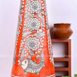 ROUND LEATHER PUPPET LAMP 16 INCH ORANGE WITH FISH FLORAL – TRADITIONAL HANDICRAFT DECOR LAMP