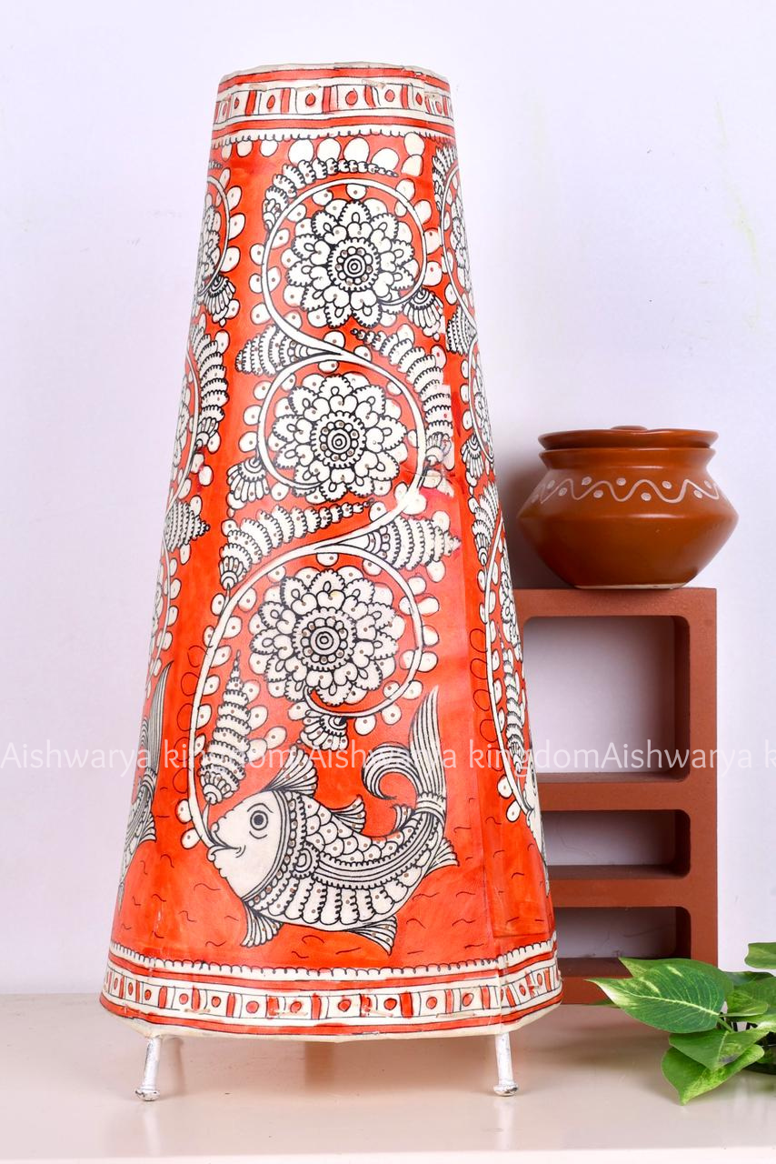 ROUND LEATHER PUPPET LAMP 16 INCH ORANGE WITH FISH FLORAL – TRADITIONAL HANDICRAFT DECOR LAMP