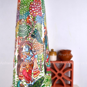 ROUND LEATHER PUPPET LAMP 25 INCH – PEACOCK WITH RADHA KRISHNA TRADITIONAL HANDICRAFT DECOR LAMP
