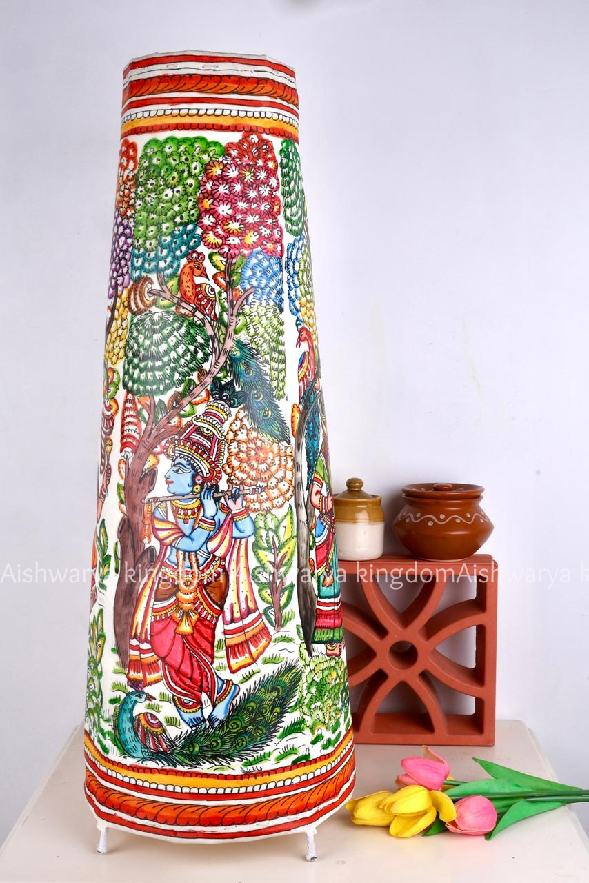 ROUND LEATHER PUPPET LAMP 25 INCH – PEACOCK WITH RADHA KRISHNA TRADITIONAL HANDICRAFT DECOR LAMP