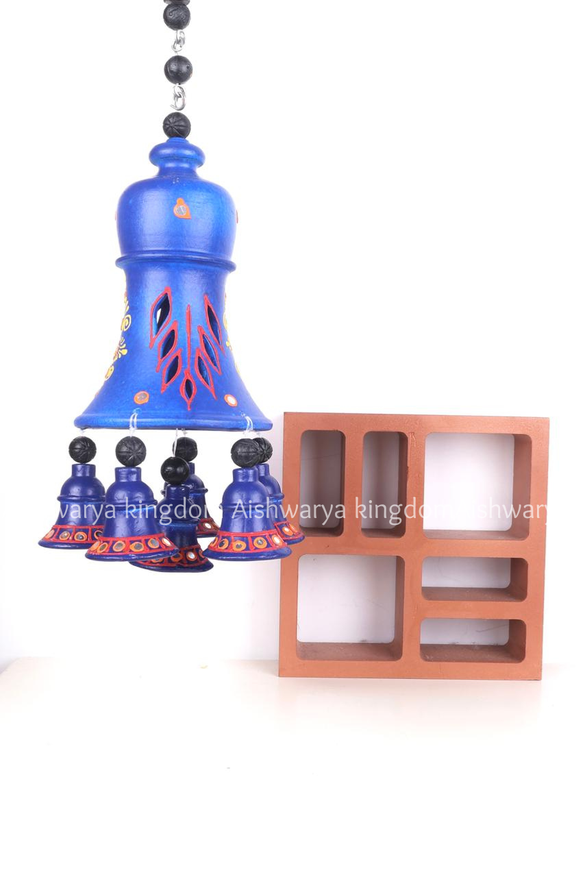 Terracotta Decorative Hanging Bell 18 Inch Blue | Handcrafted Clay Hanging Bell