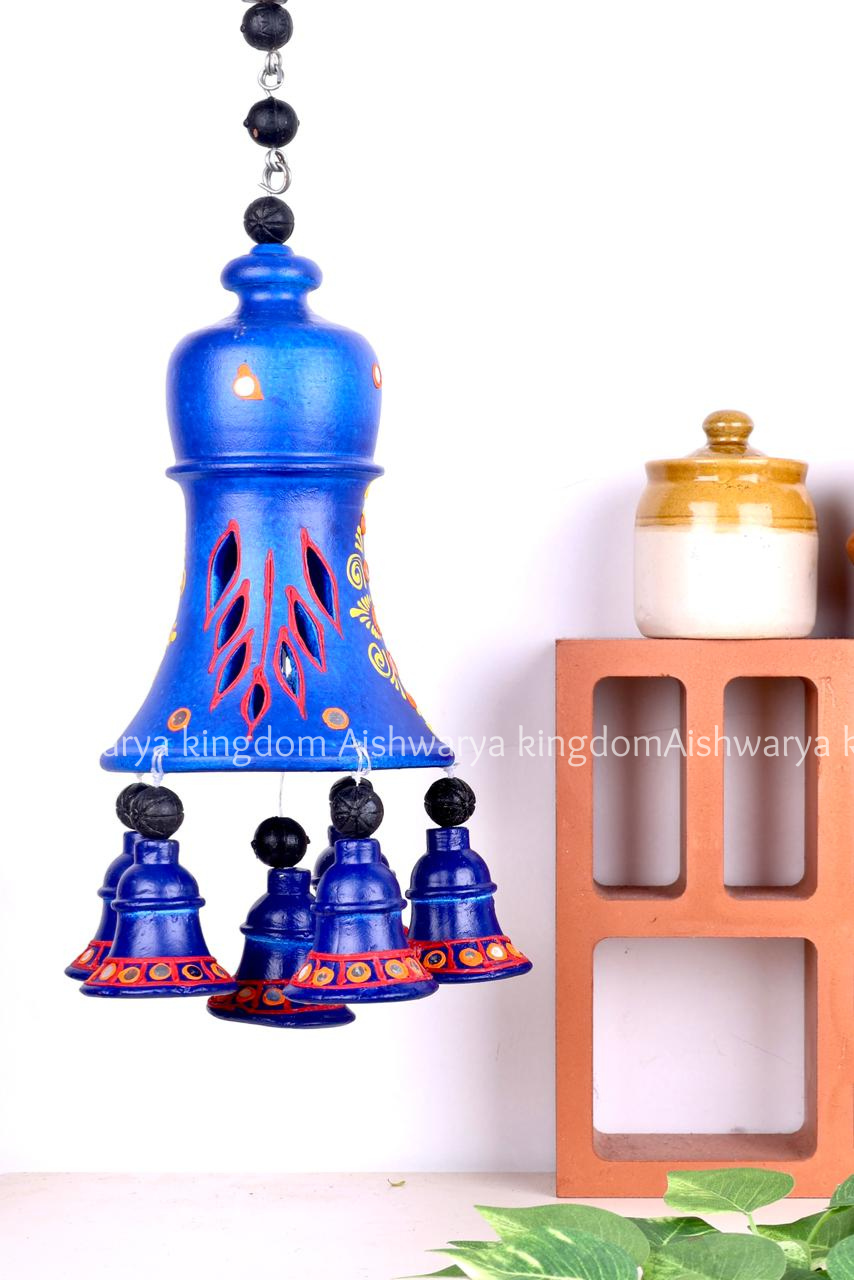 Terracotta Decorative Hanging Bell 18 Inch Blue | Handcrafted Clay Hanging Bell