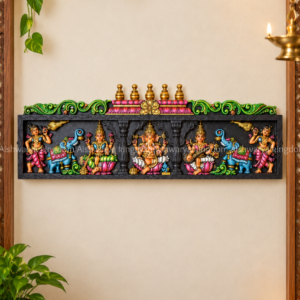 Handicraft 3 God (Lakshmi, Saraswathi, Vinayagar) with Elephant Wooden Wall Panel – Pooja Room Decor
