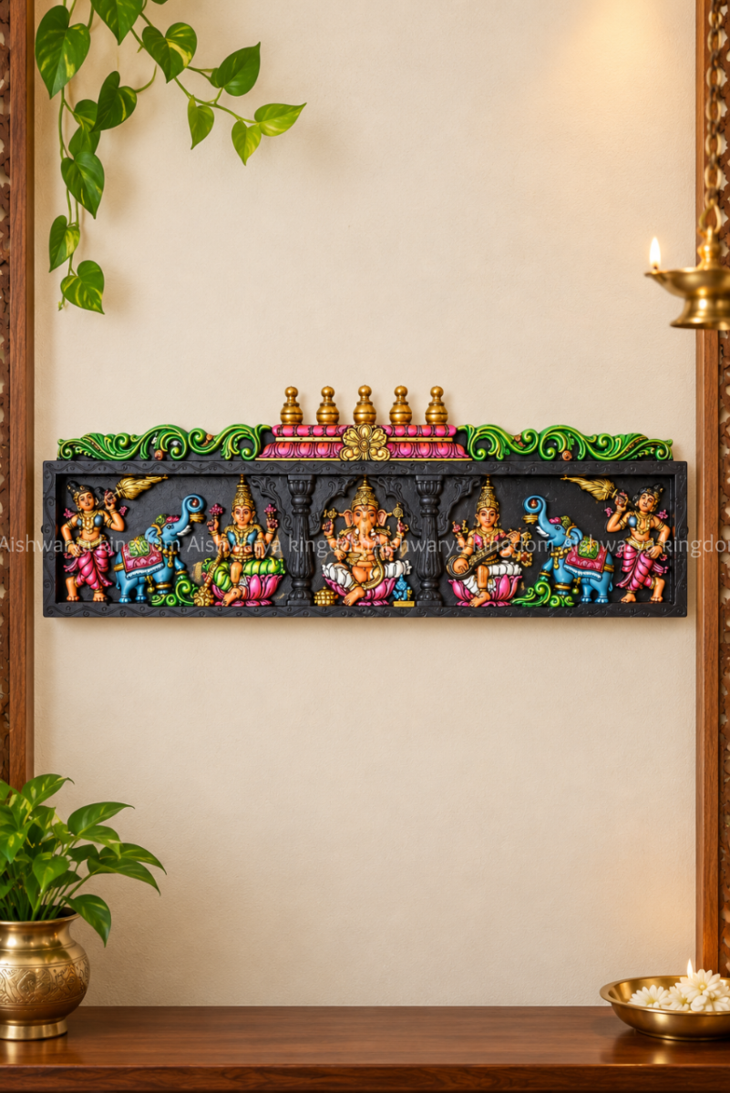 Handicraft 3 God (Lakshmi, Saraswathi, Vinayagar) with Elephant Wooden Wall Panel – Pooja Room Decor