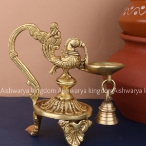 Brass Peacock Handheld Diya Vilakku with Bell by AK Crafts - Pooja Room Decor