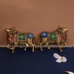 Brass Kamadhenu Pichwai Cow Pair Wall Hanging with Meenakari Work by AK Crafts - Home Decor