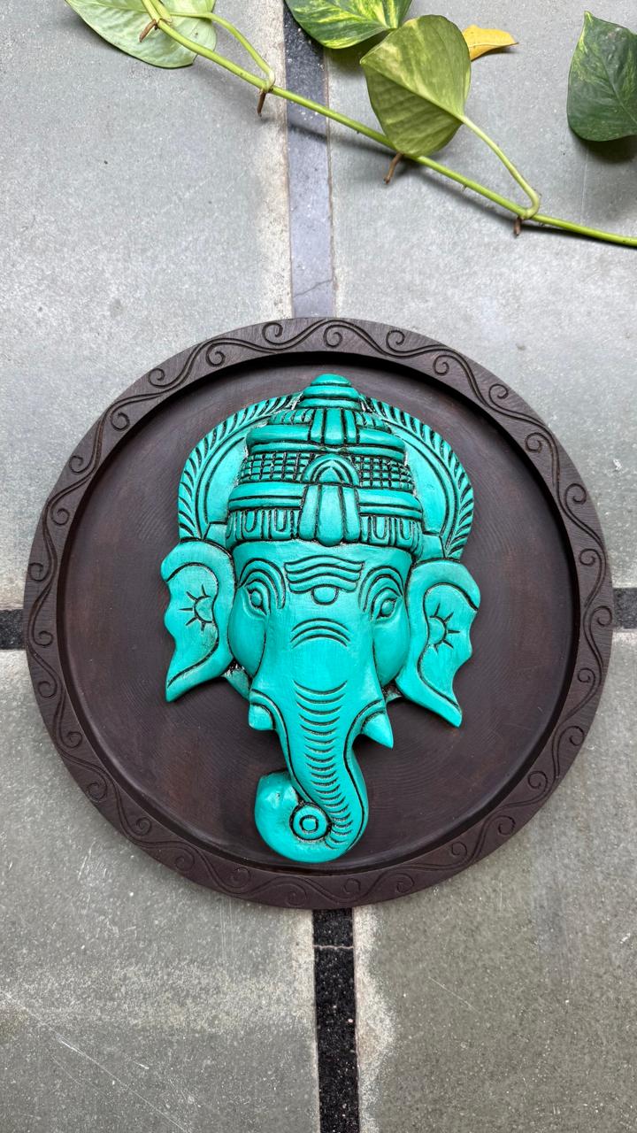 Wooden Handicrafted Ganesha Round Wall Plate - Home Decor - Image 2