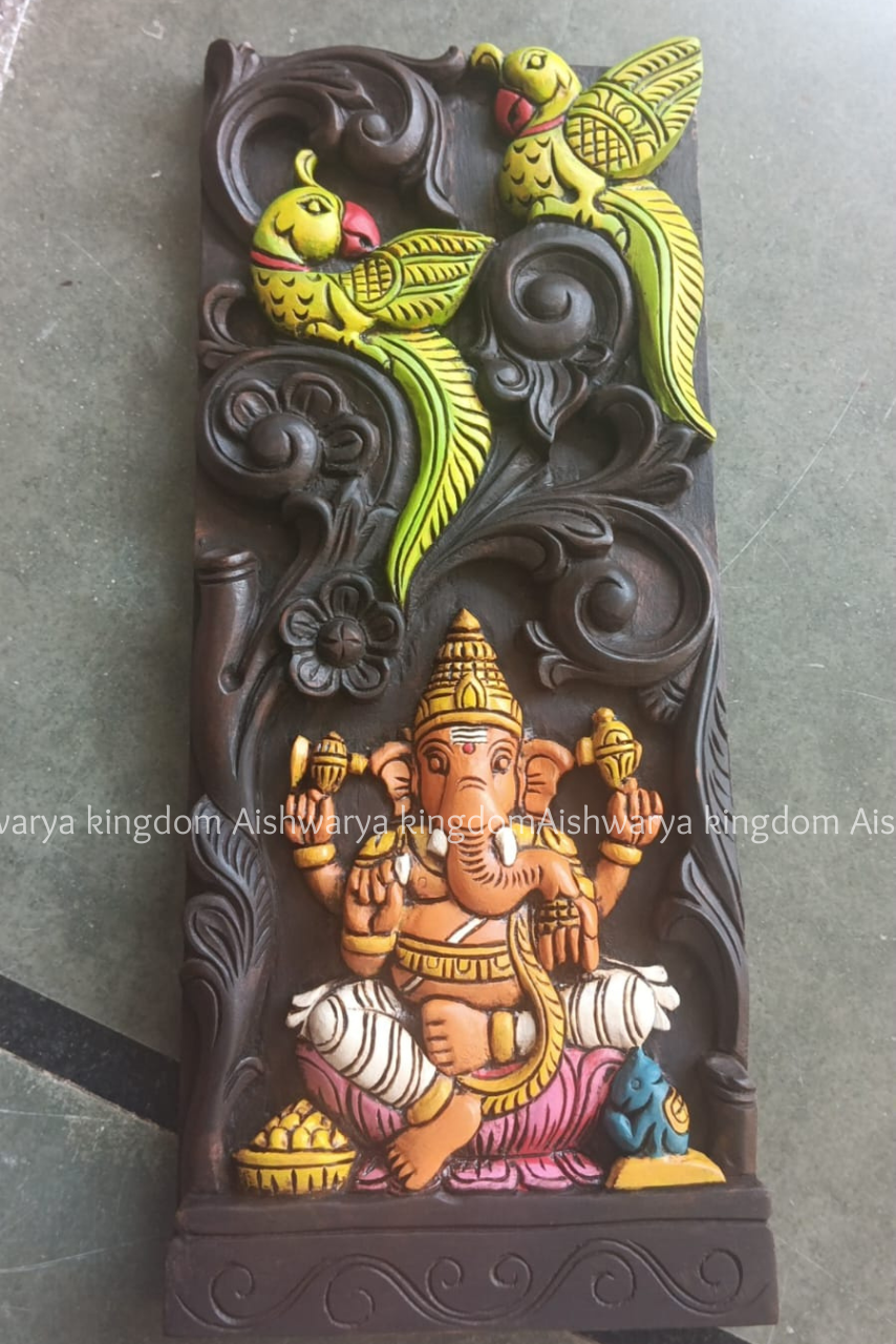 Wooden Handcrafted Double Parrot Ganesha Without Beeding Wall Panel – Home Decor