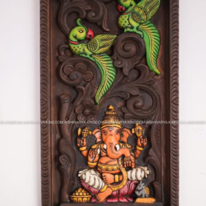 Wooden Handcrafted Double Parrot Ganesha Wall Panel with Beeding – Home Decor