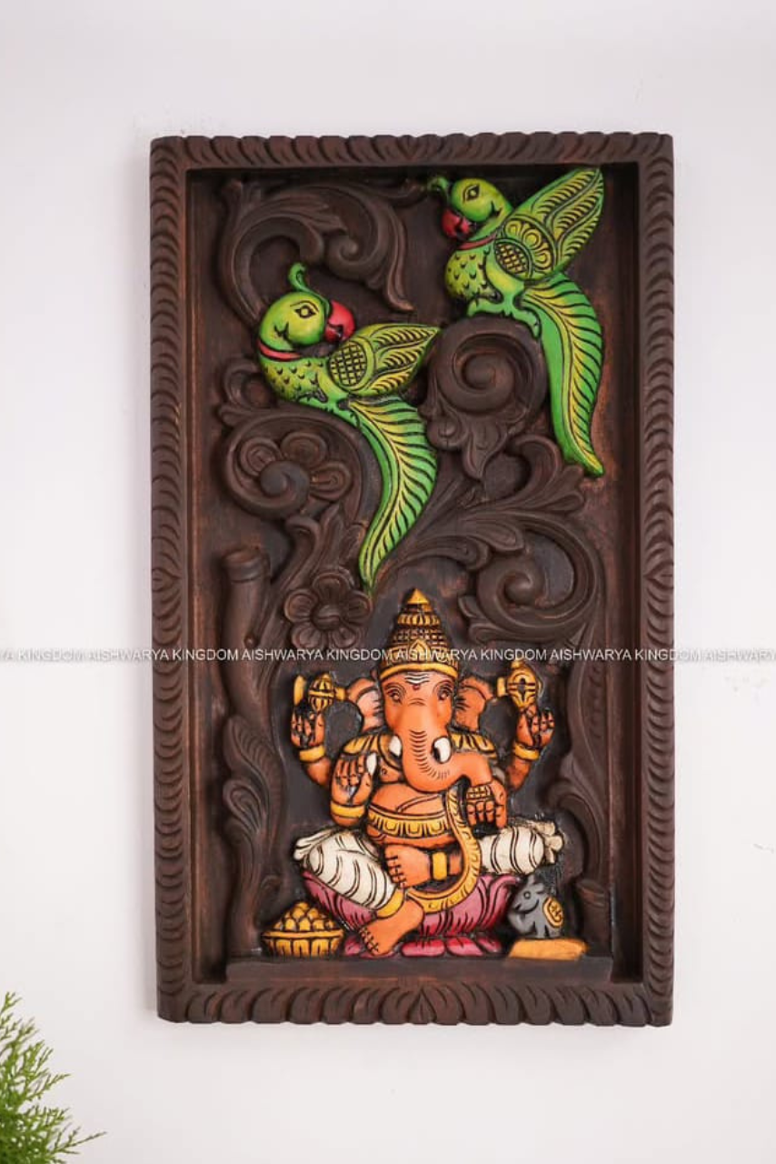 Wooden Handcrafted Double Parrot Ganesha Wall Panel with Beeding – Home Decor