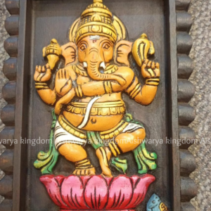 Wooden Handcrafted Carved Dancing Lotus Ganesha Wall Panel – Home Decor