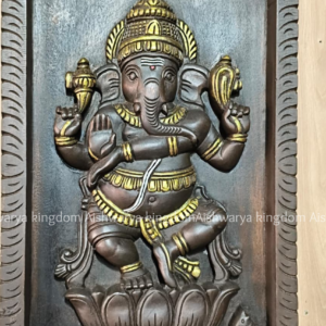 Wooden Handcrafted Dancing Lotus Ganesha Gold Polished Wall Panel – Home Decor