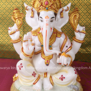Sitting White Ganesha with Laddu Statue - Marble Dust