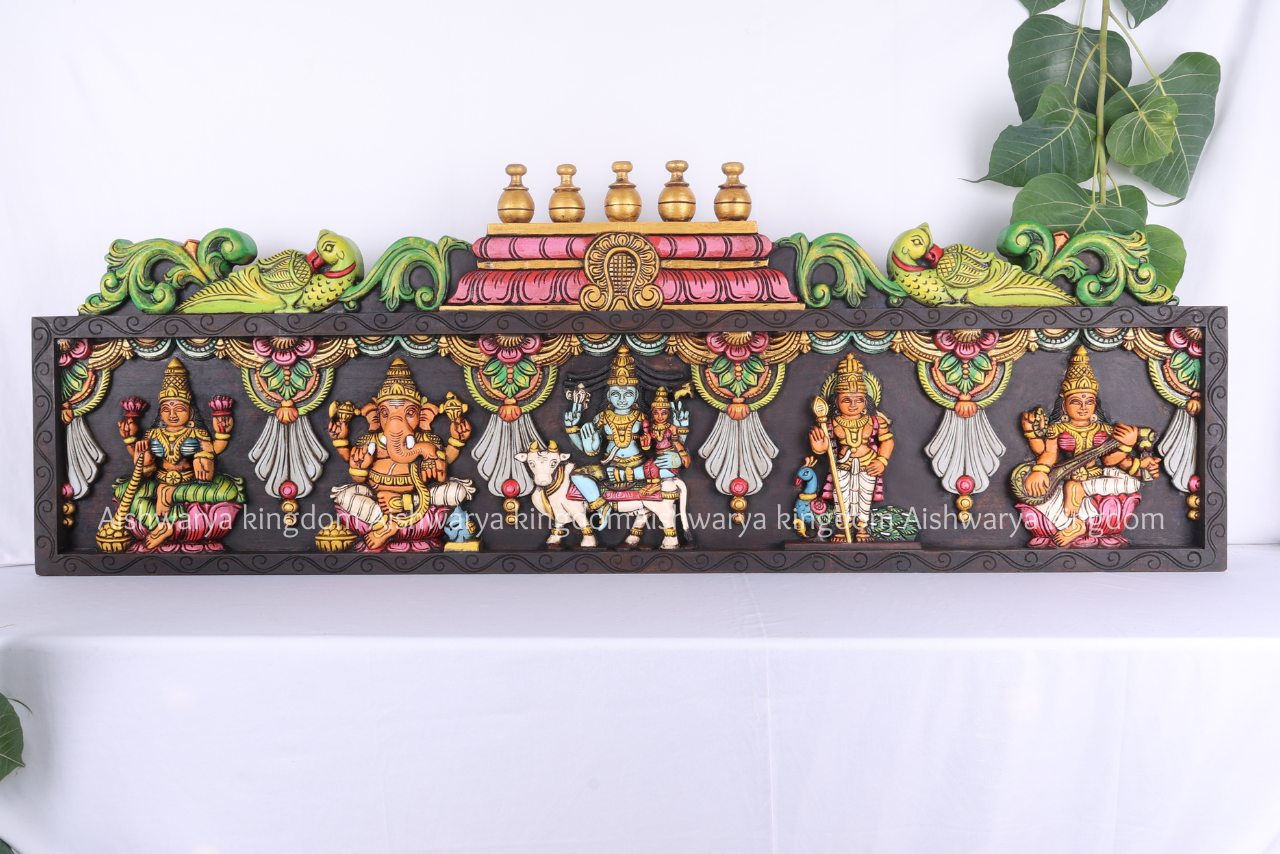 Wooden Handcrafted 5 God Panel Parrot Temple Beeding (Rishabhavaganam)