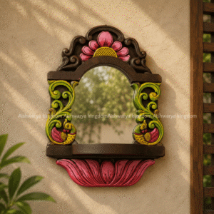 Wooden Handcrafted Parrot with Lotus Kodi Mirror Wall Mount – Home Decor