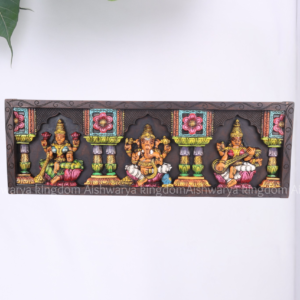 Wooden Handicrafts Double Pillar 3 God Panel with Temple & Parrot Beeding Painted