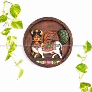 Carved wooden wall plate with kamadhenu design - AK Crafts Chennai