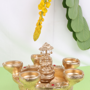 Gold Five-Faced Lamp with Ganesha & Lakshmi Statue