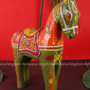 Handmade Green Pattachitra Wooden Horse Figurines | Traditional Art Decor