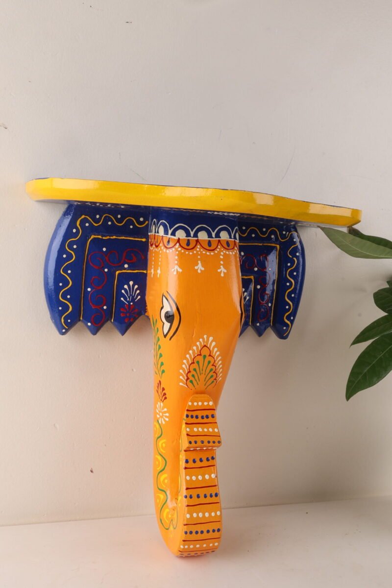 Hand Painted Elephant Head Wall Shelf - Yellow