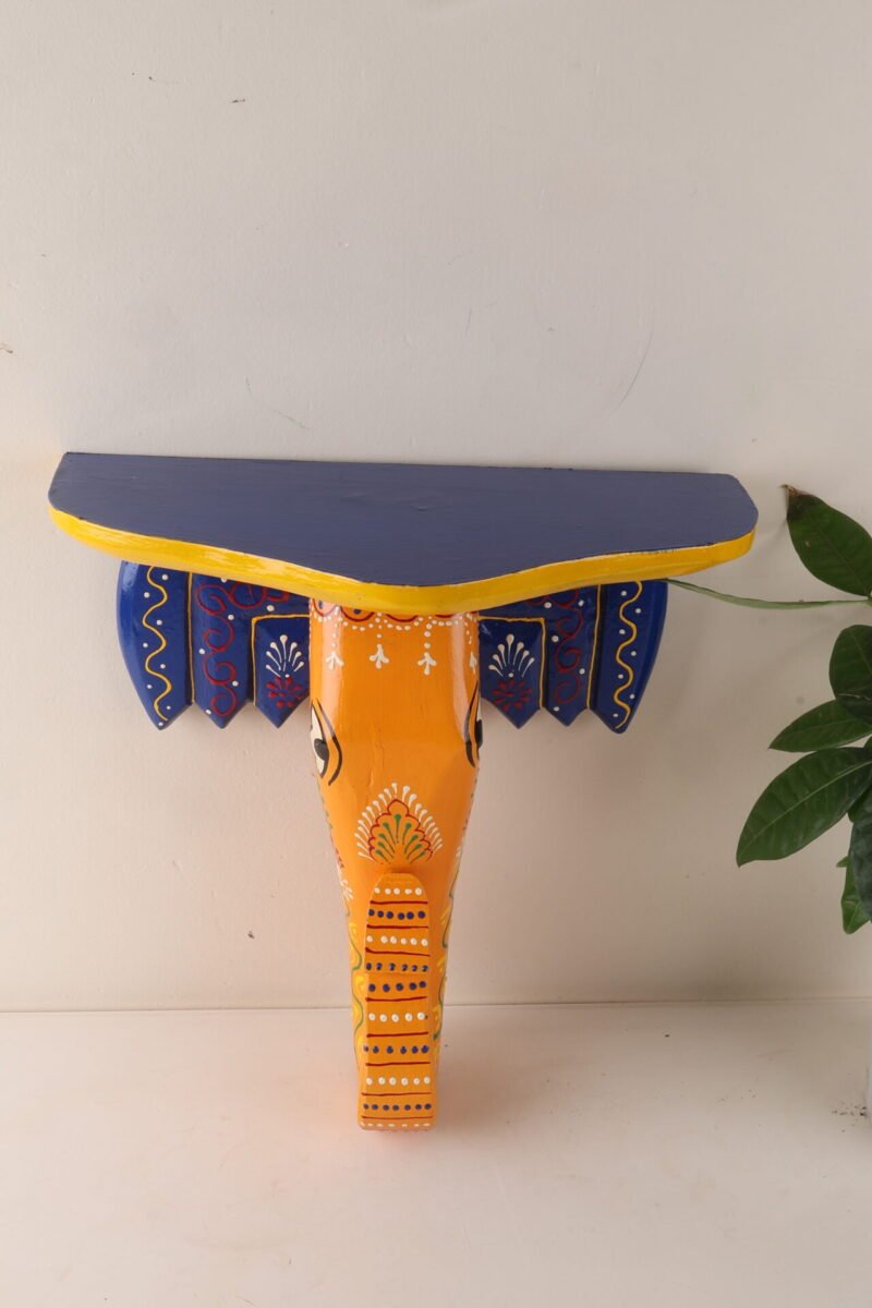 Hand Painted Elephant Head Wall Shelf - Yellow