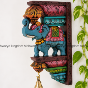 WOOD CARVING ELEPHANT TRUNK UP BLUE WALL BRACKET - HOME DECOR