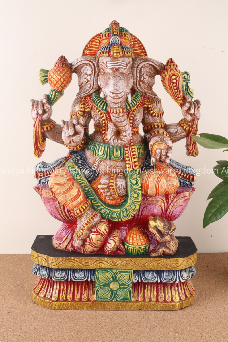 Right Trunk Lotus Ganesha | Wooden Ganesha