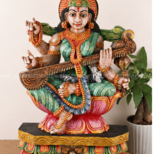Saraswati on Lotus Sculpture | Wooden Art