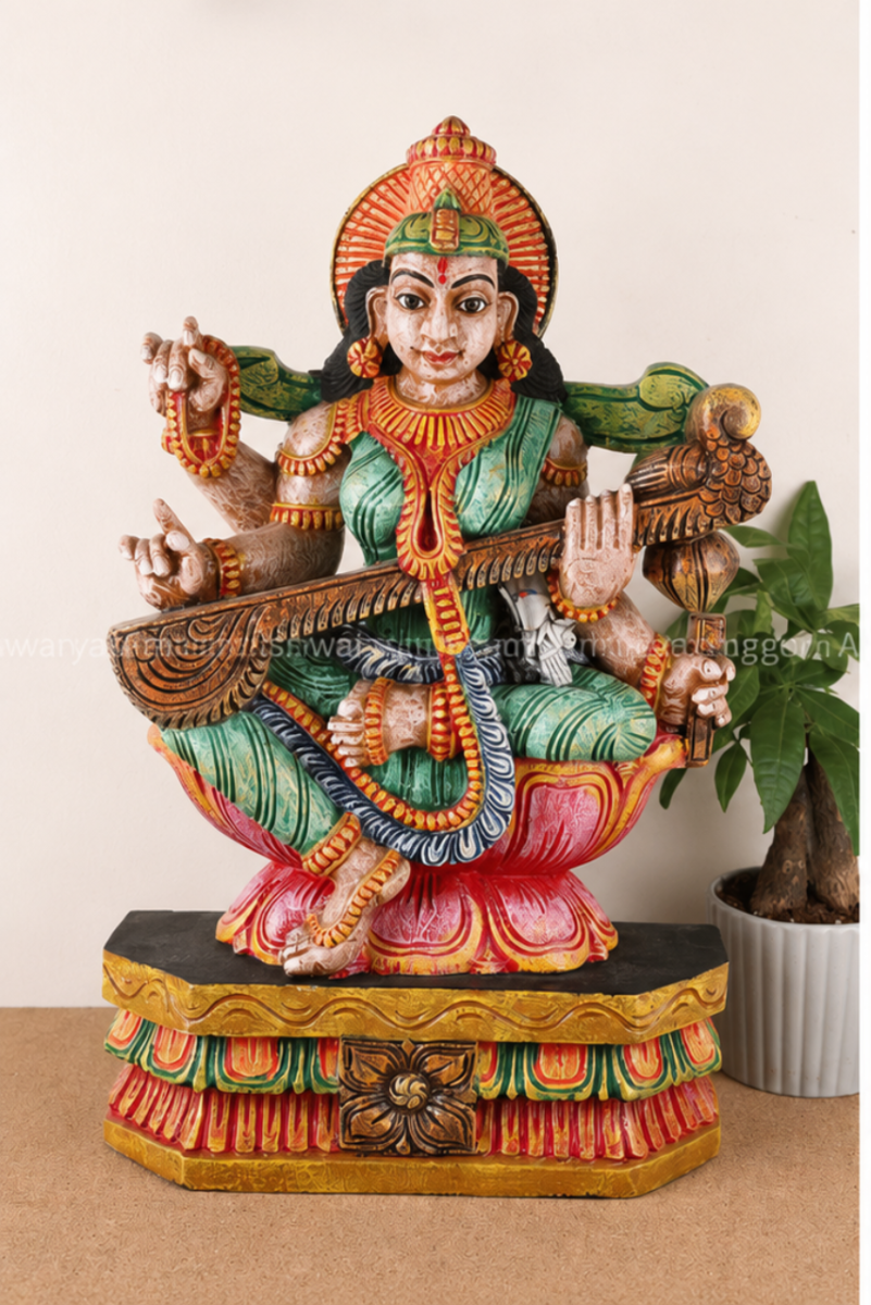 Saraswati on Lotus Sculpture | Wooden Art