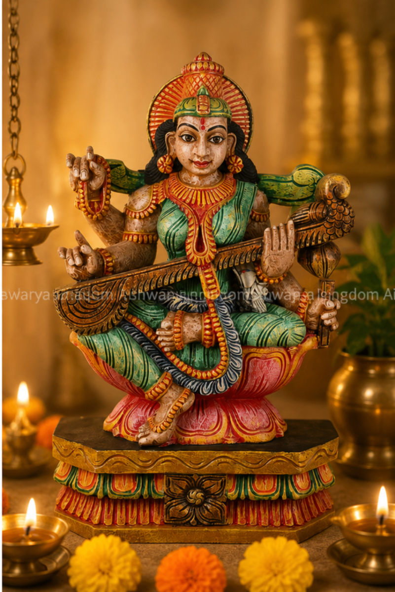 Saraswati on Lotus Sculpture | Wooden Art