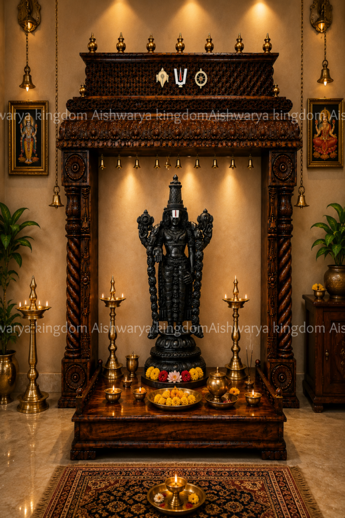 Wooden Gopuram with Side Pillar Pooja Room Setup