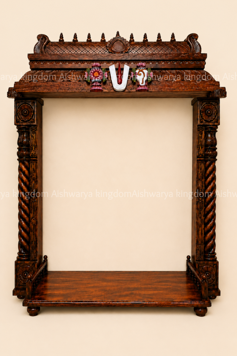 Wooden Gopuram with Side Pillar Pooja Room Setup