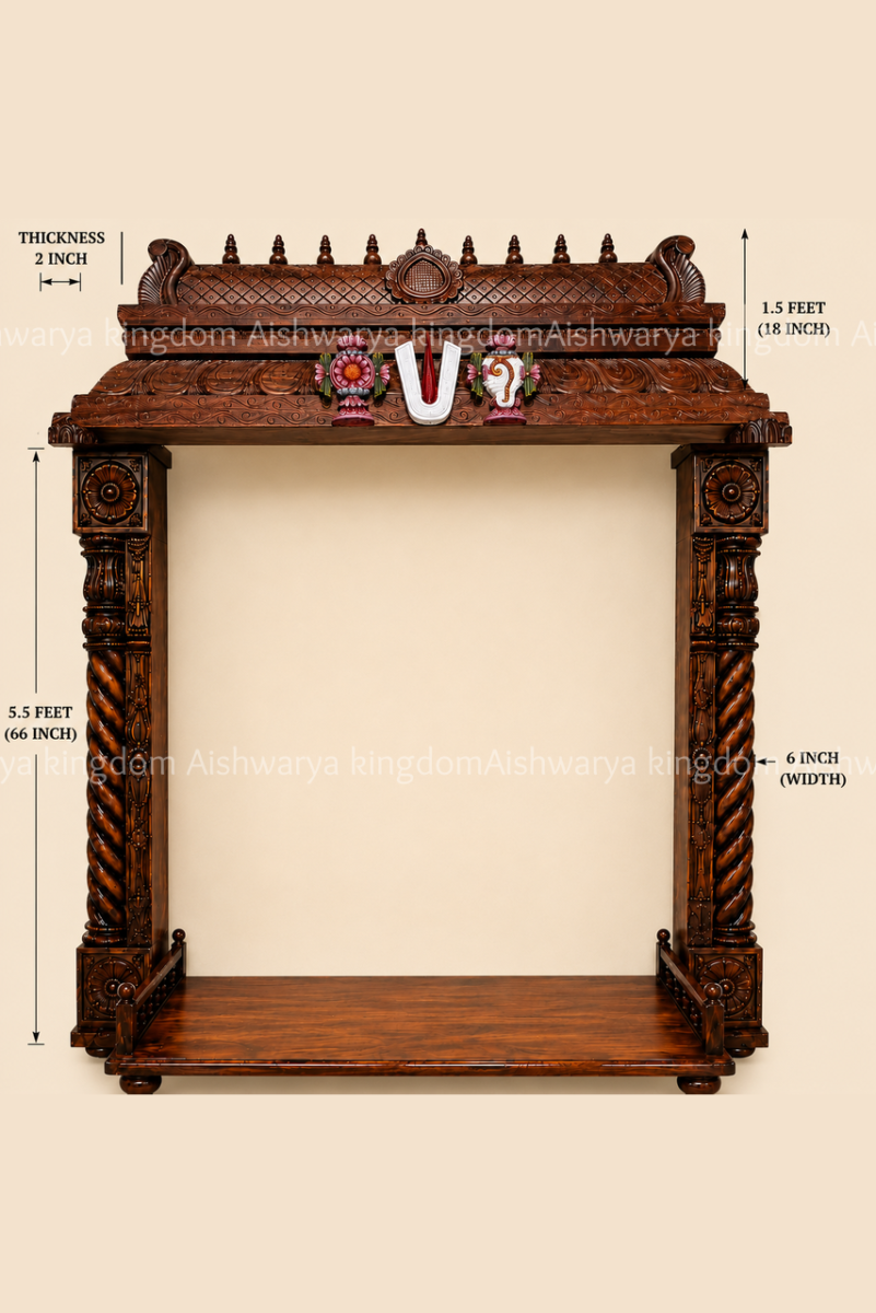 Wooden Gopuram with Side Pillar Pooja Room Setup