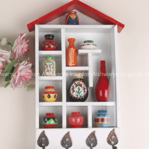 White Wooden House Key Holder with Miniature Pots