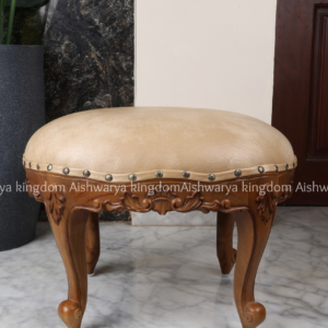 Wooden carved footstool cream leather top nailhead trim