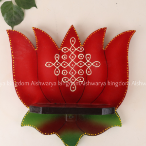 Wooden lotus shaped wall shelf with kolam design