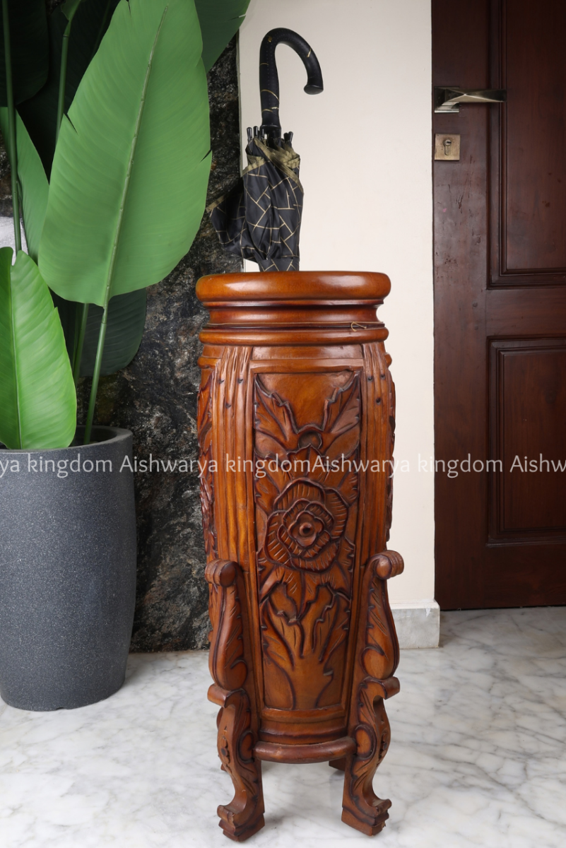 Wooden carved round pedestal stand rose design