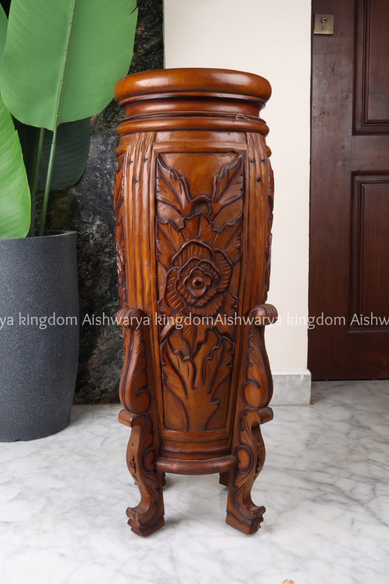 Wooden carved round pedestal stand rose design