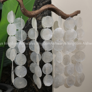 Driftwood capiz shell wind chime with colorful shell discs