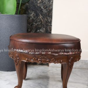 Wooden carved footstool oval leather top nailhead trim